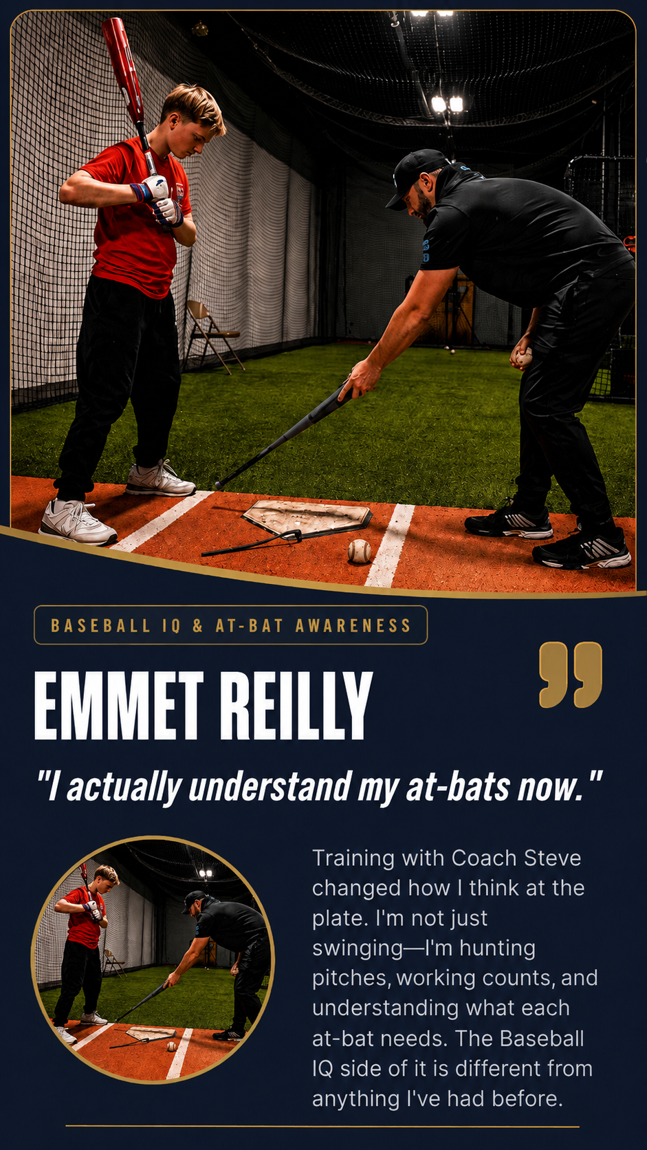 Emmet Reilly testimonial graphic — understanding his at-bats after training with Coach Steve