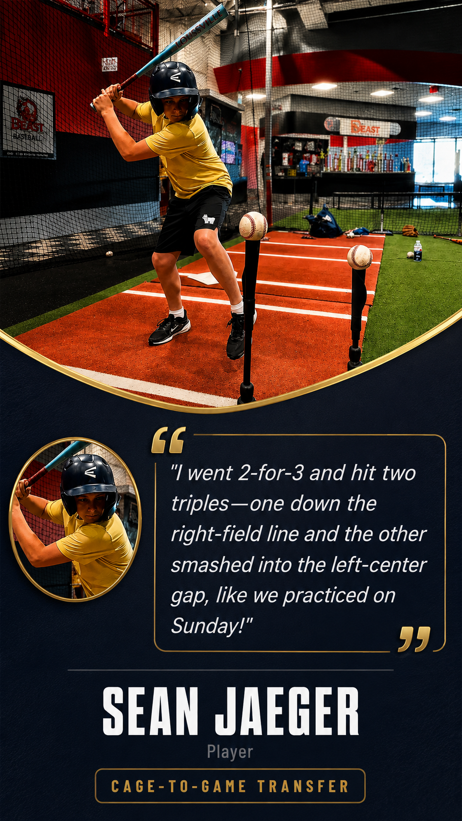 Sean Jaeger testimonial graphic — two triples after training with Coach Steve