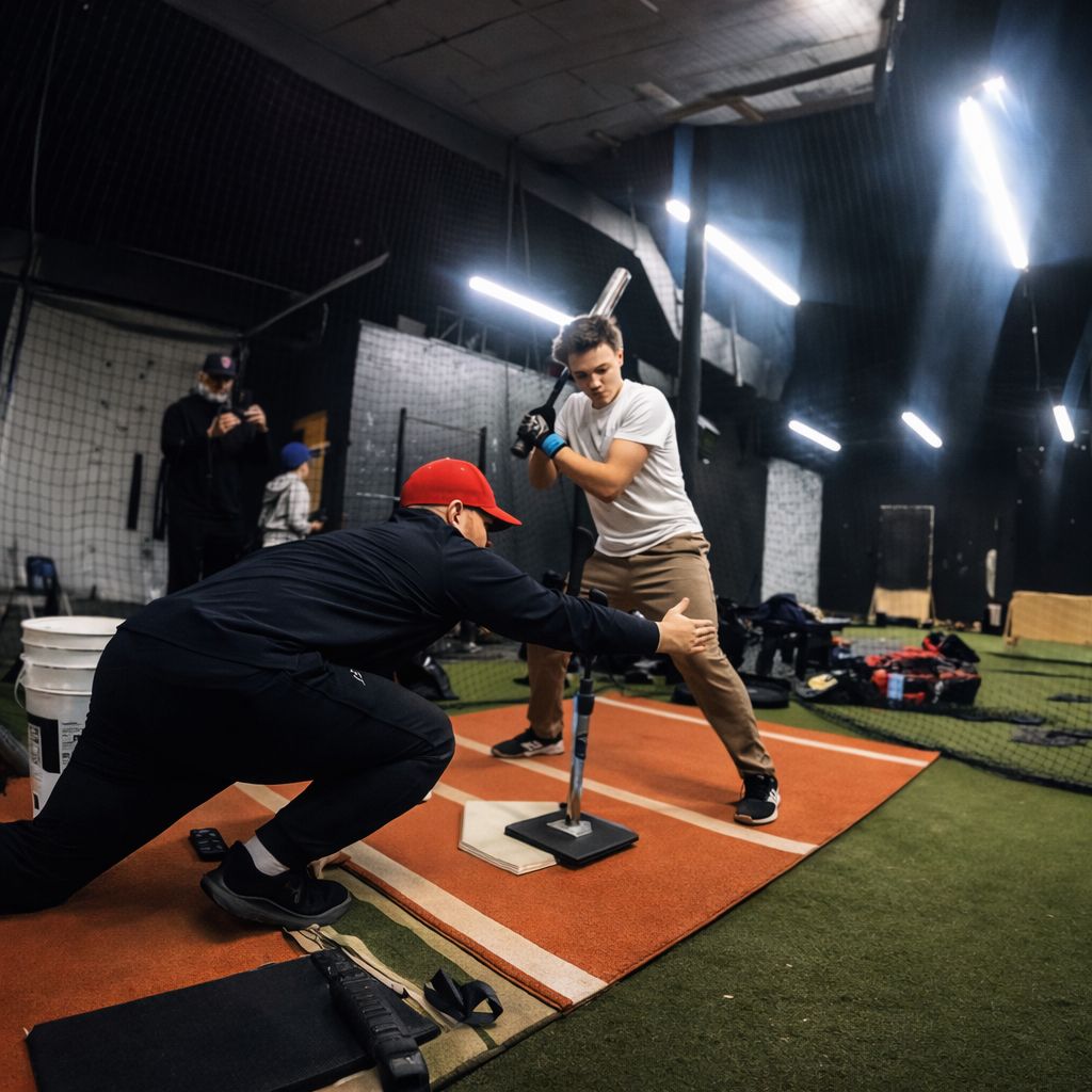Coach Steve showing a hitter how to set up the tee to meet his contact points